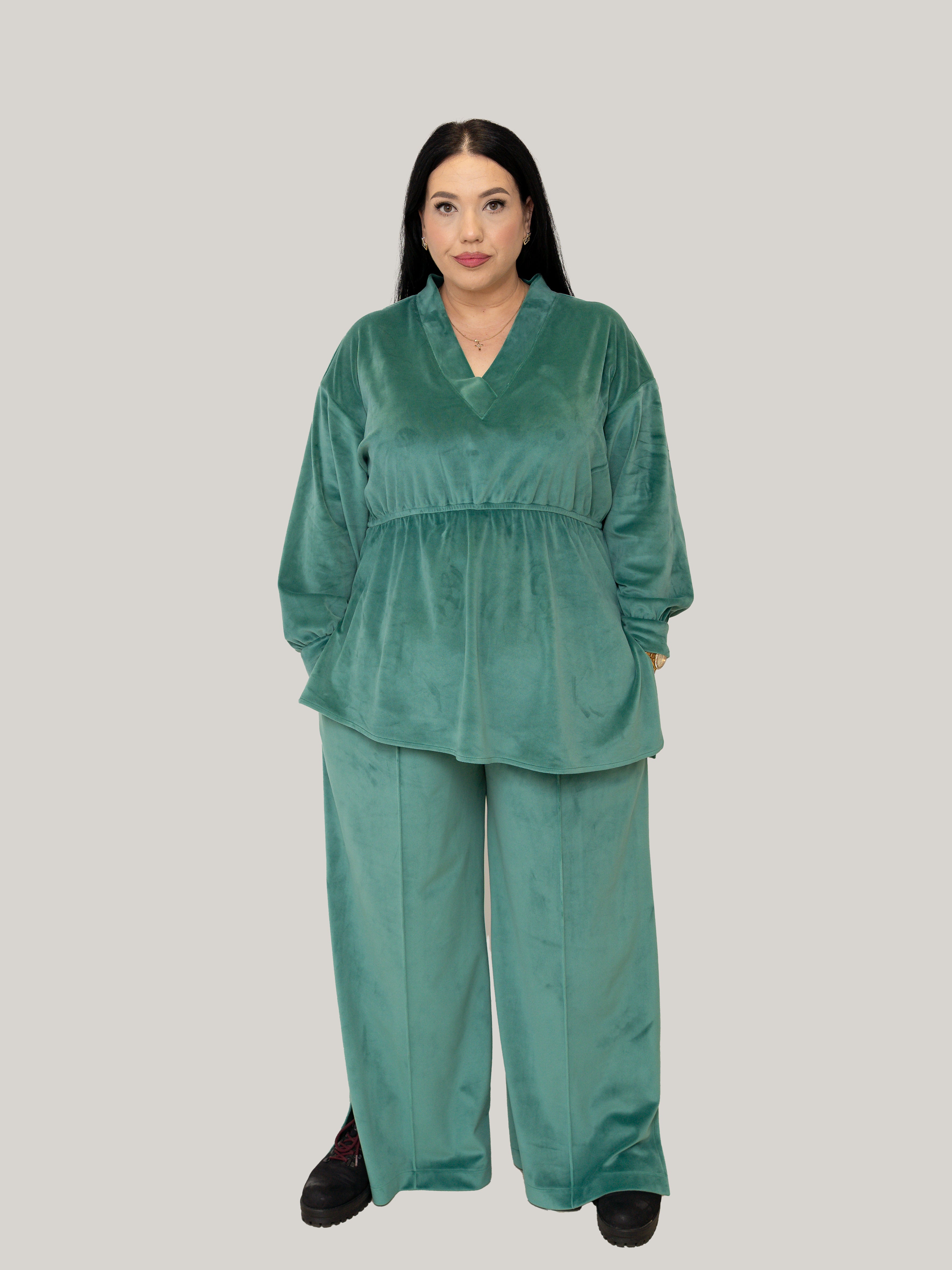 Compleu catifea cu elastic în talie verde