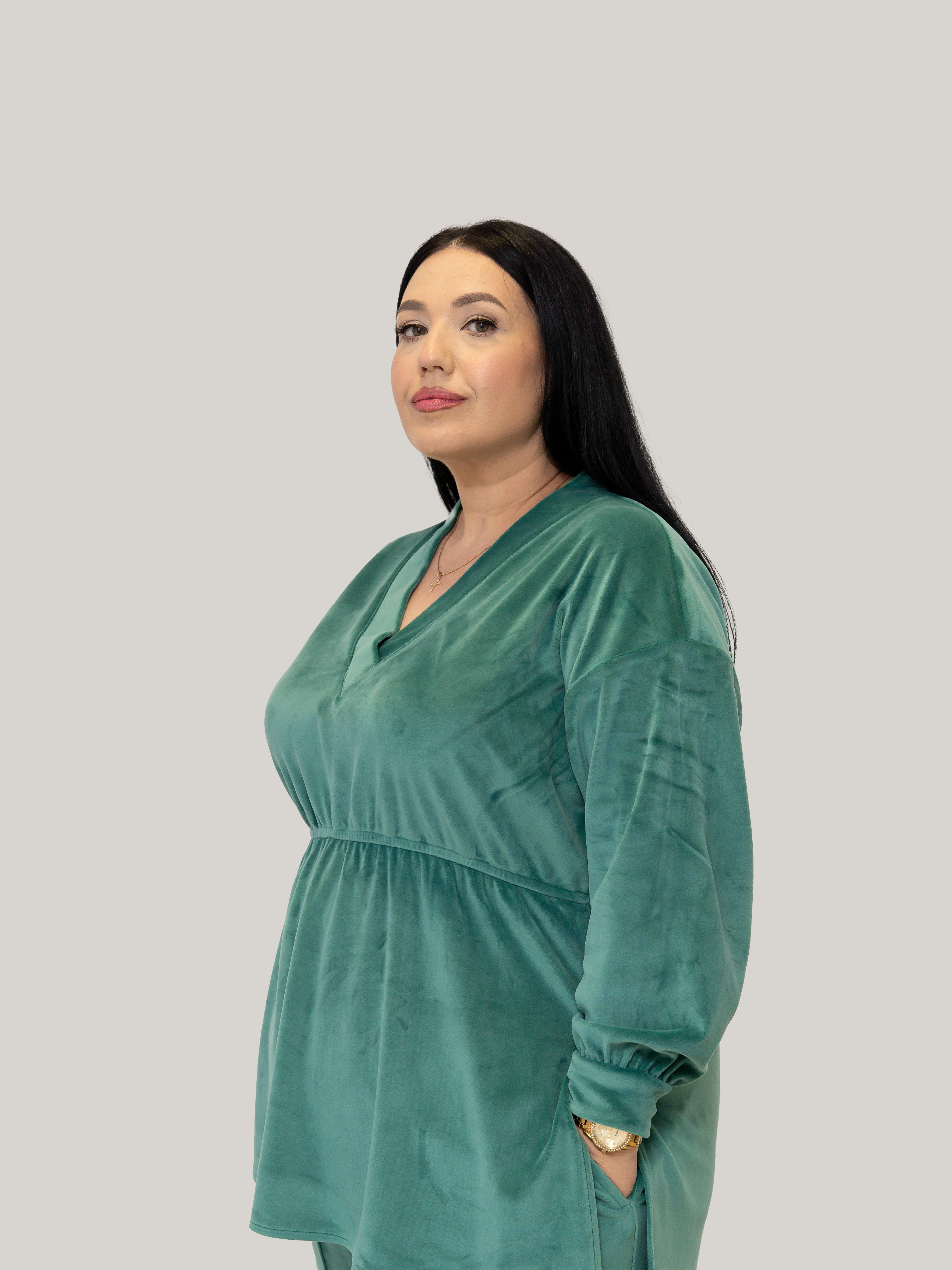 Compleu catifea cu elastic în talie verde