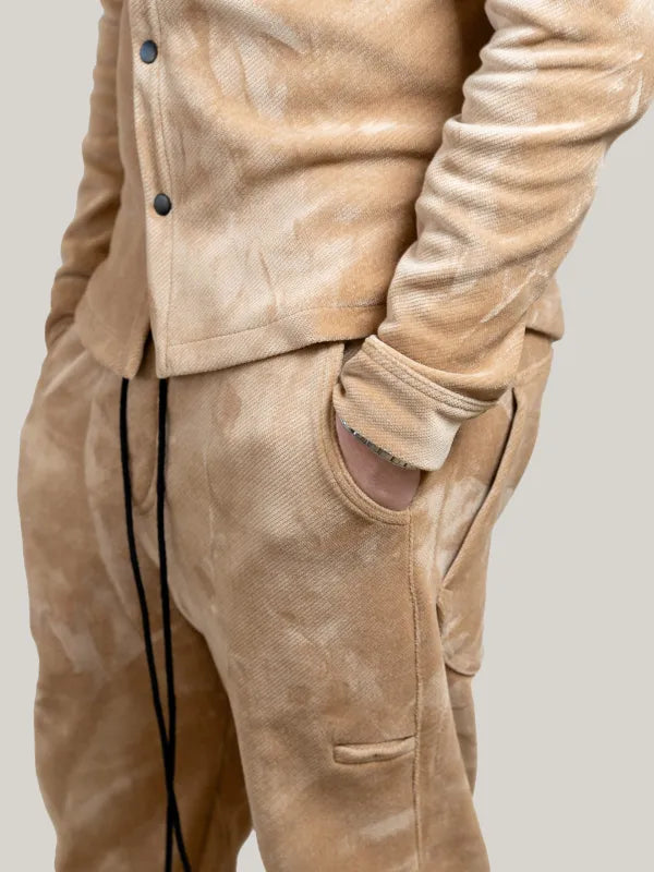 Pantaloni casual bej din material moale, cu talie elastică și șnur