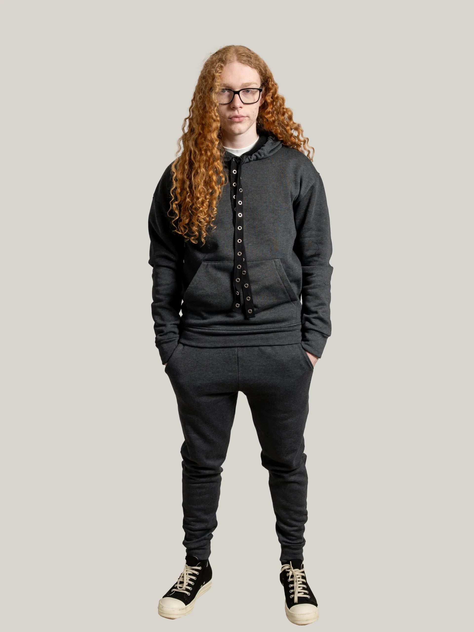 Compleu bumbac antracit sport, hanorac cu glugă și pantaloni cu talie elastica