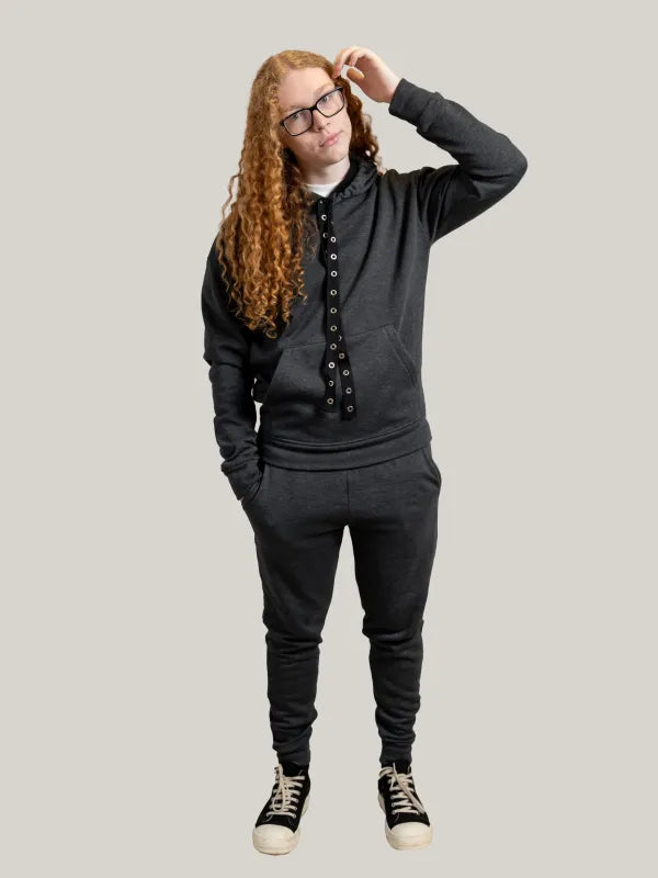 Compleu bumbac antracit sport, hanorac cu glugă și pantaloni cu talie elastica