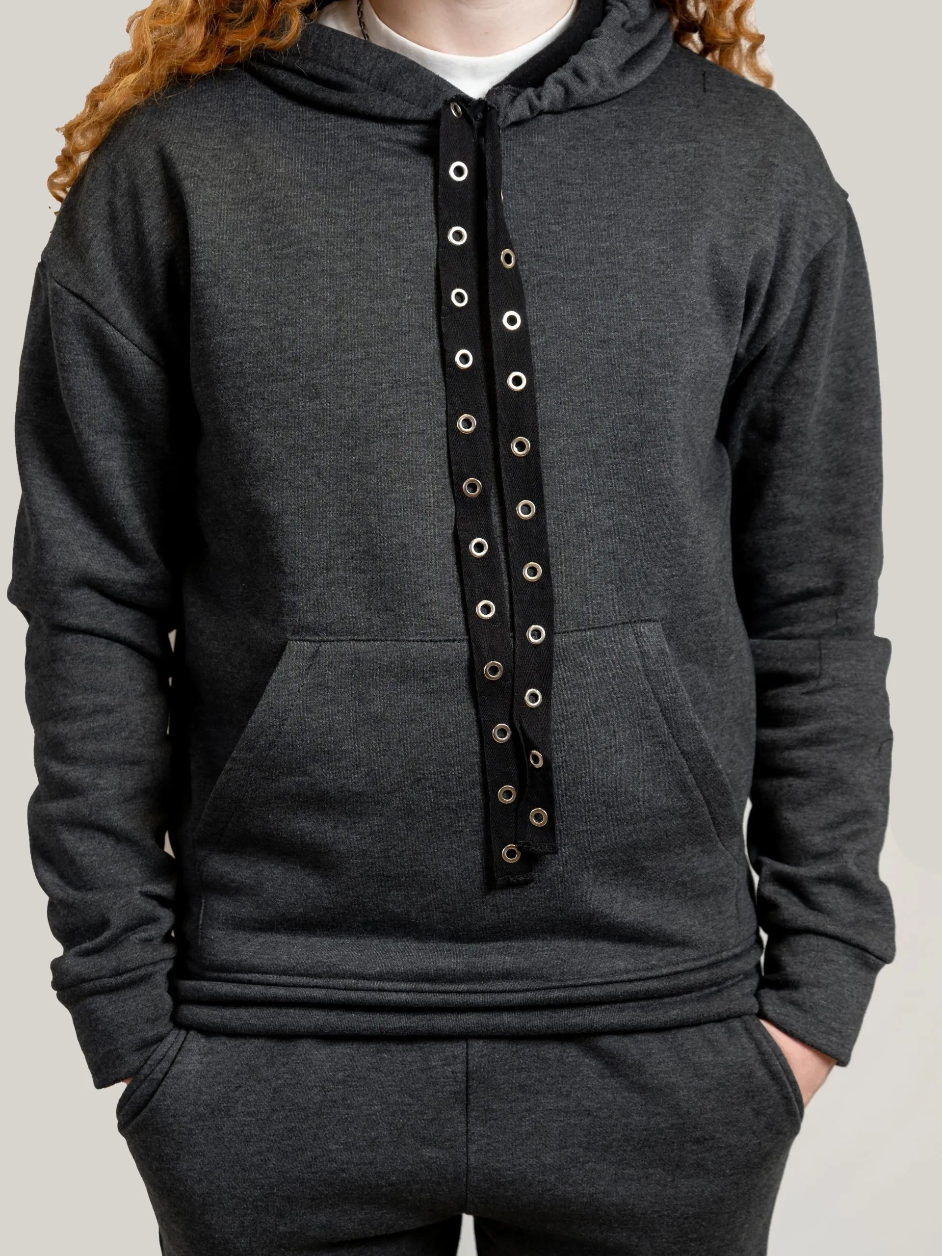 Compleu bumbac antracit sport, hanorac cu glugă și pantaloni cu talie elastica