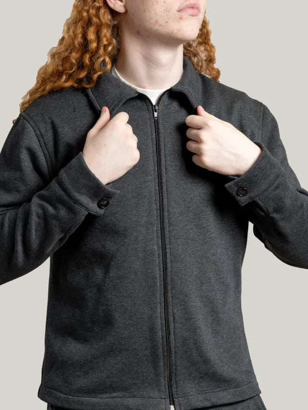 Compleu antracit din tricot de bumbac, bluza cu fermoar și guler ,pantalon cu talie elastica,sport