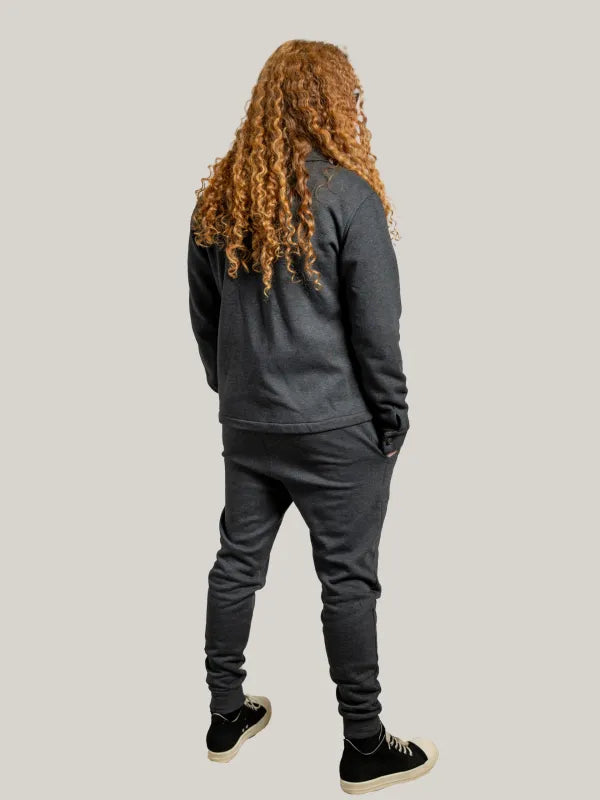 Compleu antracit din tricot de bumbac, bluza cu fermoar și guler ,pantalon cu talie elastica,sport